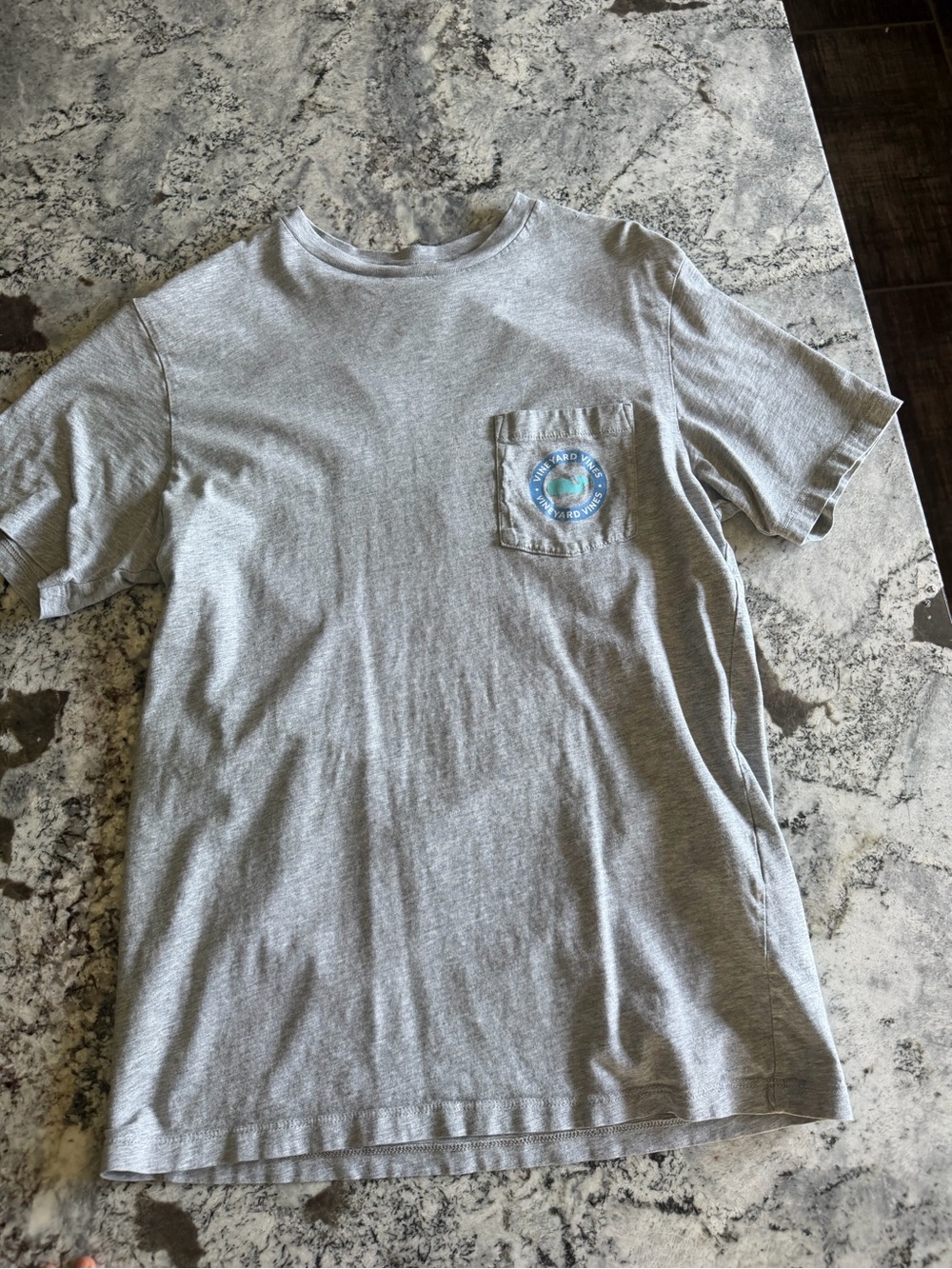 Vineyard Vines Gray Pocket Tee with Blue and Teal Logo
